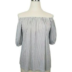 Loft Off the Shoulder Navy Blue and White Pinstripe Blouse Short Sleeve Medium